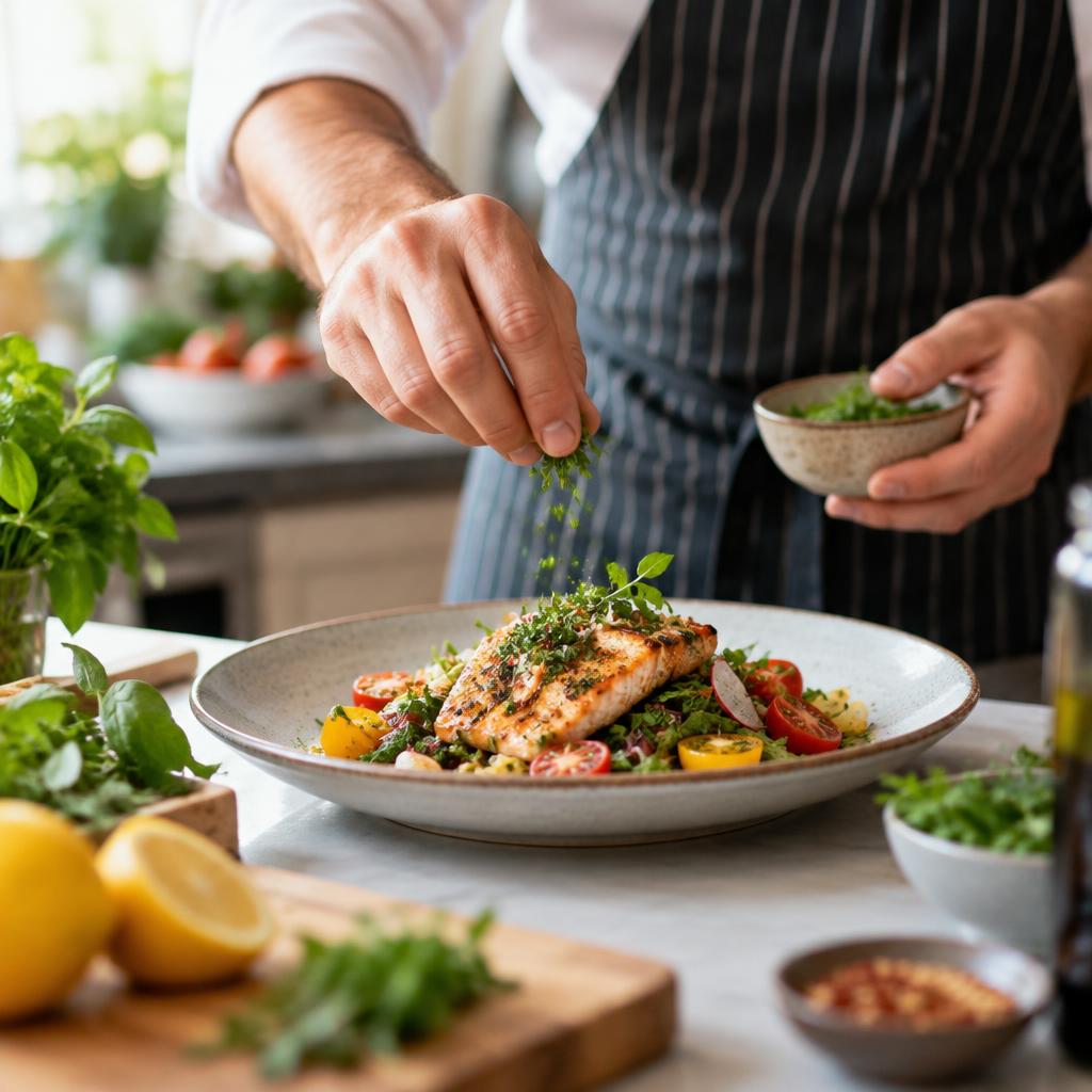 Fresh ingredients being plated in a kitchen